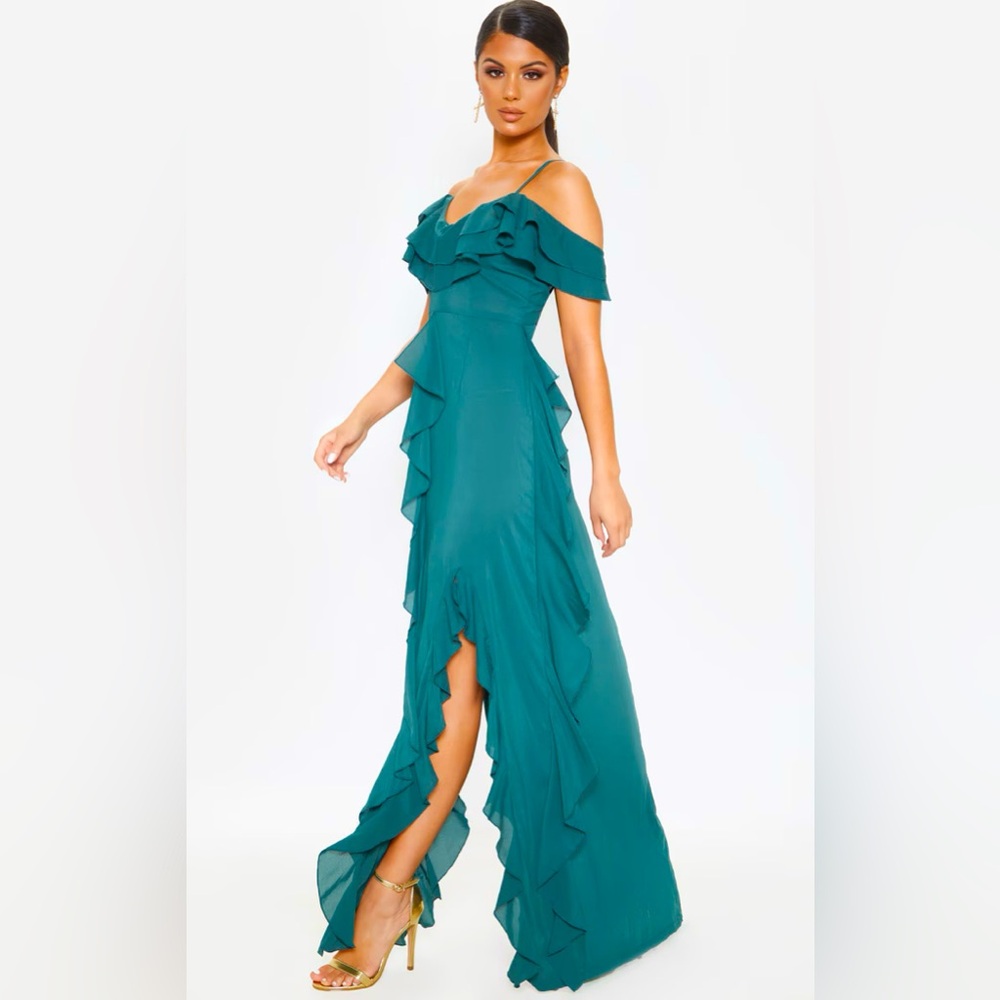 Jasper Green Cold Shoulder Ruffle Detail Maxi Dress 12 BNWT wedding guest